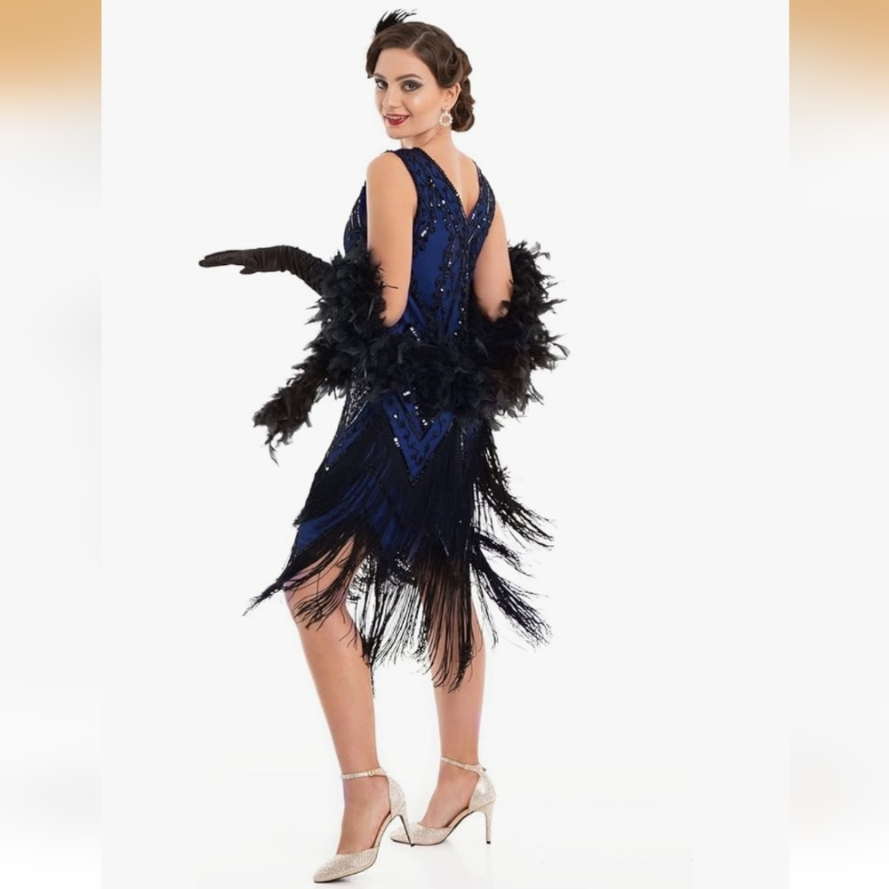 NWT Women's Roaring 1920's Midnight Blue And Black Flapper Dress Size--XL - Picture 7 of 8